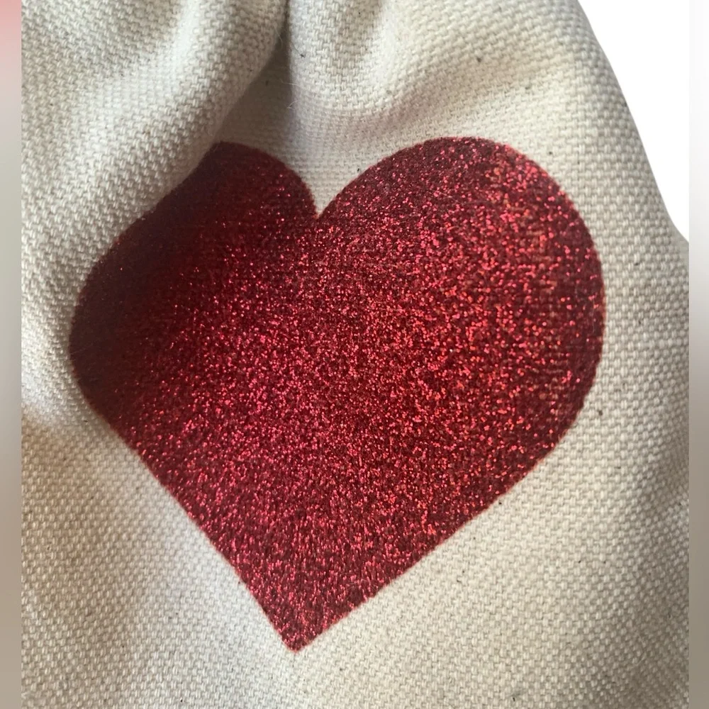 Red Sparkly Heart Canvas Draw String Gift Bag “HOPE” Graphic 4.75” X 6” Jewelry